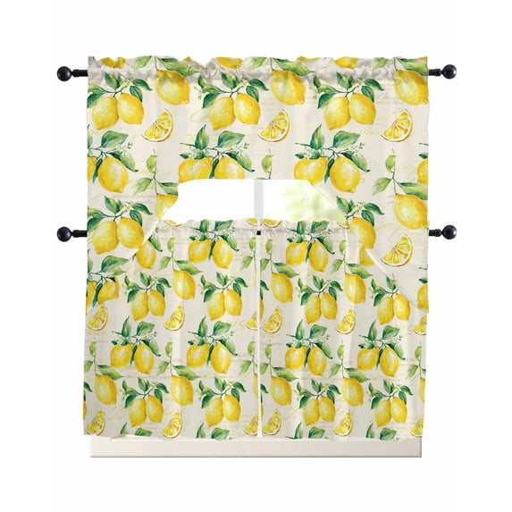 Yellow Lemon Swag Kitchen Curtains Sets for Windows 24 Inch Length, Summer Fruit Green Retro Farmhouse Leaf Short Window Curtain Panels Swags Valances and Tiers 3 Piece Set for Cafe/Dining Room