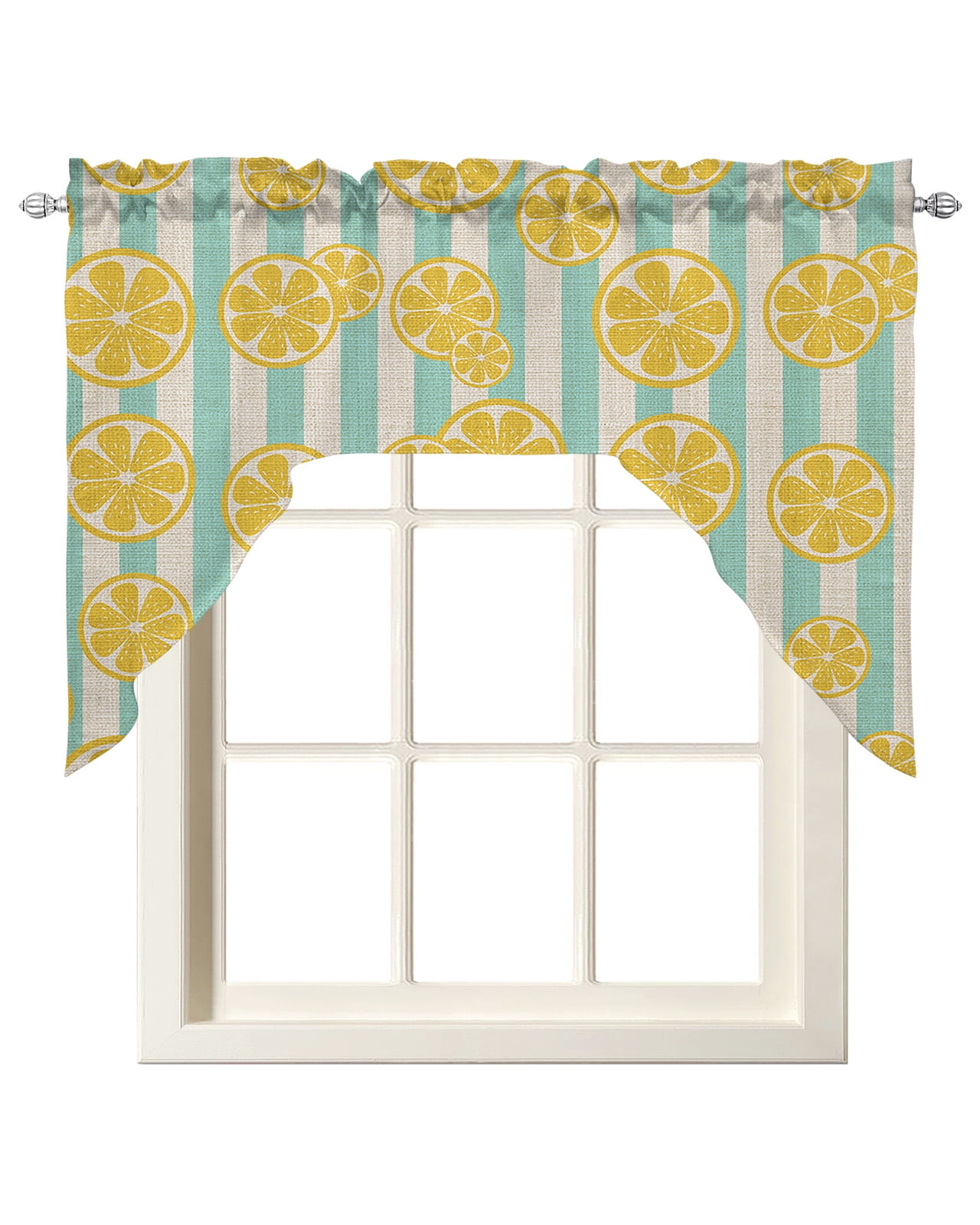 Yellow Lemon Swag Valance and Tier Curtains Set Teal Stripes Linen Background Kitchen Curtains 3 Piece Set Rod Pocket Panels for Bedroom Cafe 56x36 inch