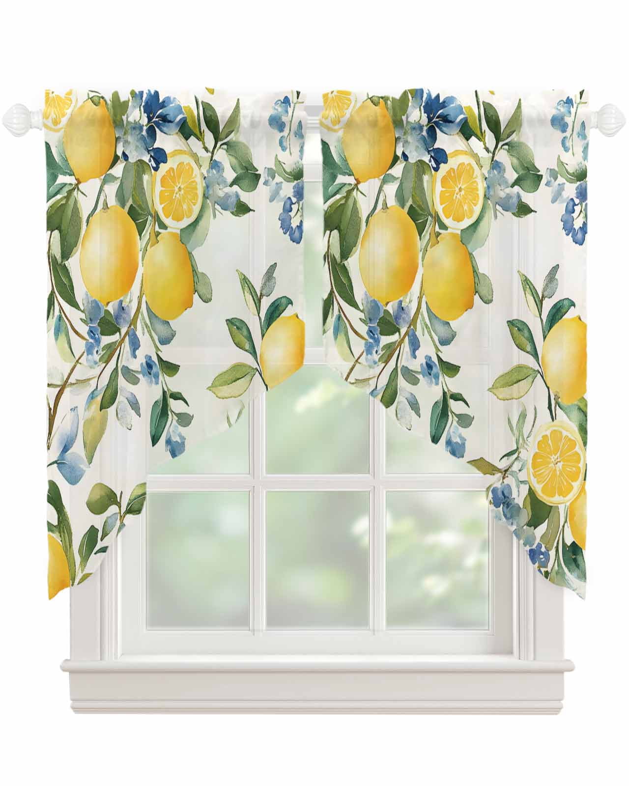 Yellow Lemon Swag Valances for Windows, Green Leaf Blue Flower Tropical
