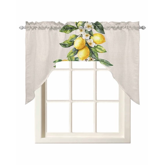 Yellow Lemon Swag Valances for Windows, Small Curtains Drapes, Spring Botanical Leaves Fruit Farmhouse Kitchen Window Curtains Over Sink Window Treatment Valance for Bedroom/Bathroom 56"x36"