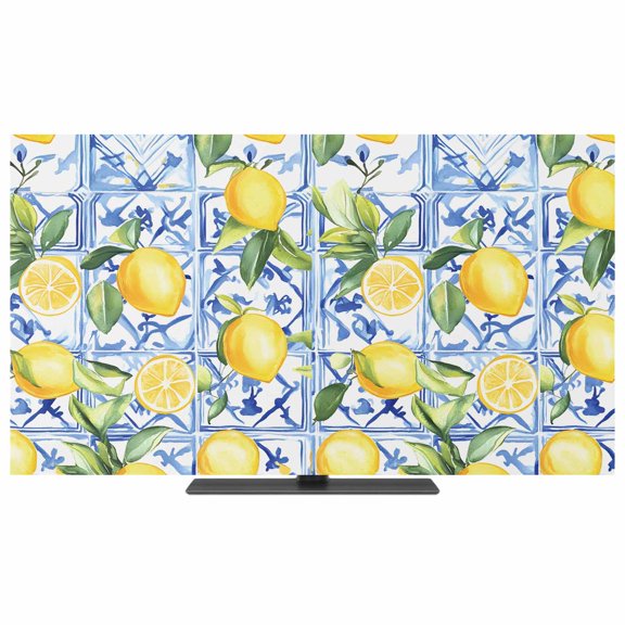 Yellow Lemon TV Dust Cover,Stretchable TV Screen Desktop Computer Protector Cover,Botanical Spring Leaves Abstract Blue Tile Television Dustproof Slipcover for 19–24 Inch Flat or Curved TVs