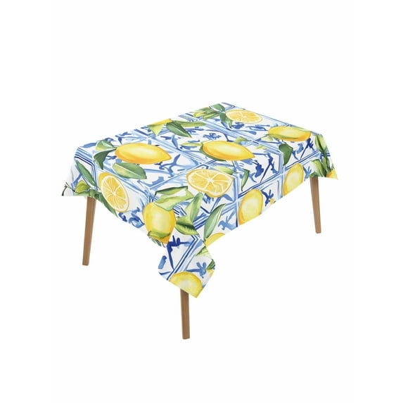 Yellow Lemon Table Cloth, Botanical Spring Leaves Abstract Blue Tile Waterproof Tablecloth for Rectangle Tables, Reusable Washable Fabric Table Cover for Restaurant Kitchen Dining Tables 60"x102"
