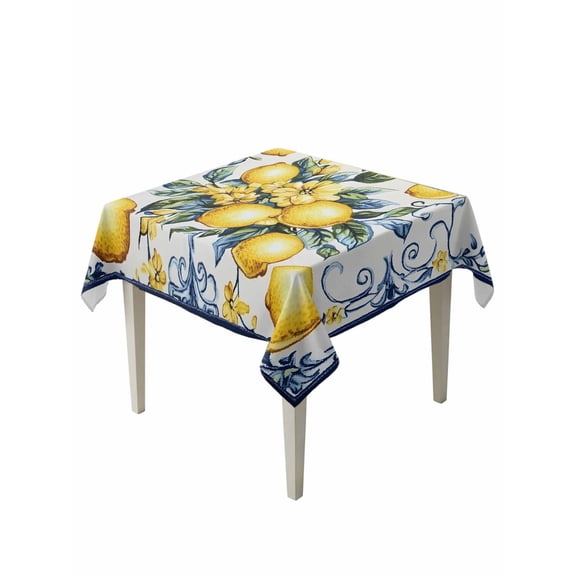 Yellow Lemon Table Cloth, Middle Century Blue Italian Textured Waterproof Tablecloth for Square Tables, Reusable Washable Fabric Table Cover for Restaurant Kitchen Dining Tables 60"x60"