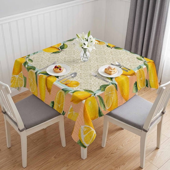 Yellow Lemon Table Cloth Waterproof Tablecloths, Summer Boho Country Fruits Beige Geometric Tablecloth Dining Table Cover for Kitchen Party Tabletop Outdoor, Square Tablecloth 60x60 Inch