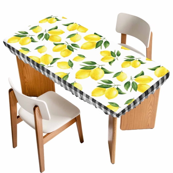 Yellow Lemon Table Cloths for 3 Foot Rectangle Tables, Summer Botanical Black Plaid Farmhouse Patio Waterproof Elastic Fitted Tablecloths, Washable Rectangular Table Cover for Camping