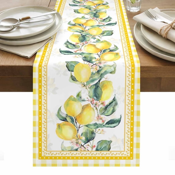 Yellow Lemon Table Runner - 108 Inch Long, Kitchen Dining Table Runner Dresser Scarves, Summer Botanical Plaid Elegant Pastoral Farmhouse Decor for Coffee Tables Wedding Party Banquet