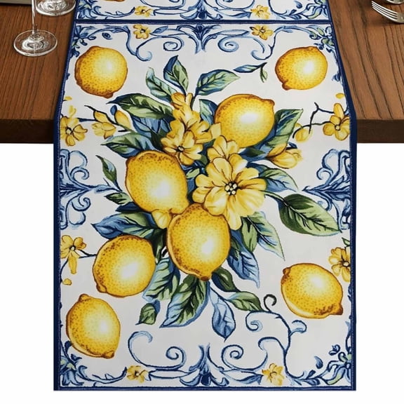 Yellow Lemon Table Runner 120 Inches Long,Middle Century Blue Italian Textured Cotton Linen Table Runners Dresser Scarves,Fabric Tabletop Scarf Furniture Cover for Home Dinner Party 13"x120"
