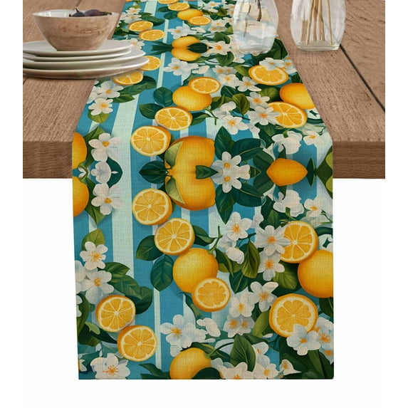 Yellow Lemon Table Runner 120 Inches, Summer Fruit Floral Blue Stripe Burlap Bed Runner Dresser Scarves Tabletop for Indoor Outdoor Parties/Ceremony/Banquet, 13"x 120"
