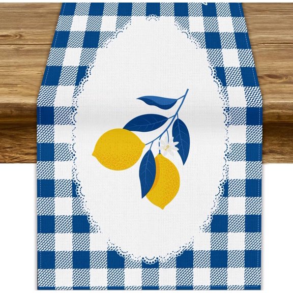 Yellow Lemon Table Runner 13x36inch, Blue White Buffalo Plaid Summer Fruit Table Runners for Kitchen, Dining & Outdoor