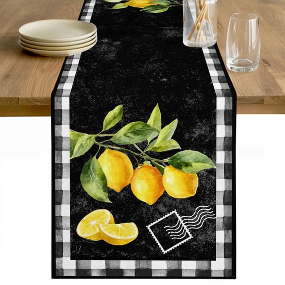 Yellow Lemon Table Runner - 36 Inch Long Summer Botanical Black White Checkered Cotton and Linen Blended Dress Scarves Farmhouse Table Runner for Kitchen Dining, Coffee Table, 13" x 36"