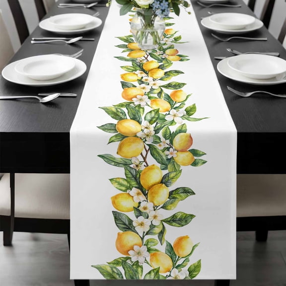 Yellow Lemon Table Runner 36 Inches Long, Simple Spring Botanical Fruit Leaves Flower Kitchen Coffee Dining Table Decoration for Home Party Birthday Wedding Home Decor 13x36 Inches