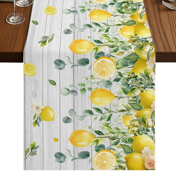 Yellow Lemon Table Runner 48 Inches Long, Eucalyptus Leaf Watercolor Plant Wood Grain Cotton Linen Dining Table Runner Dresser Scarves for Home Kitchen Party Decor 13"x48"