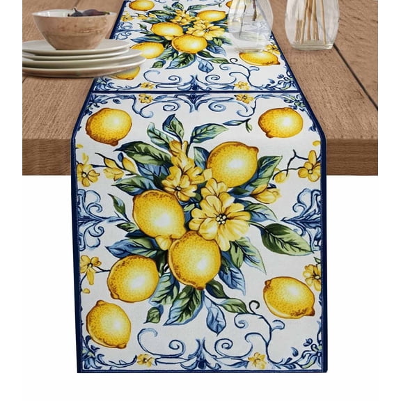 Yellow Lemon Table Runner 48 Inches, Middle Century Blue Italian Textured Bed Runner Dresser Scarves Tabletop for Indoor Outdoor Parties/Ceremony/Banquet, 13" x 48"