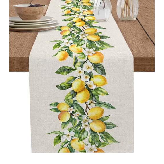 Yellow Lemon Table Runner 48 Inches, Spring Botanical Leaves Fruit Farmhouse Bed Runner Dresser Scarves Tabletop for Indoor Outdoor Parties/Ceremony/Banquet, 13" x 48"