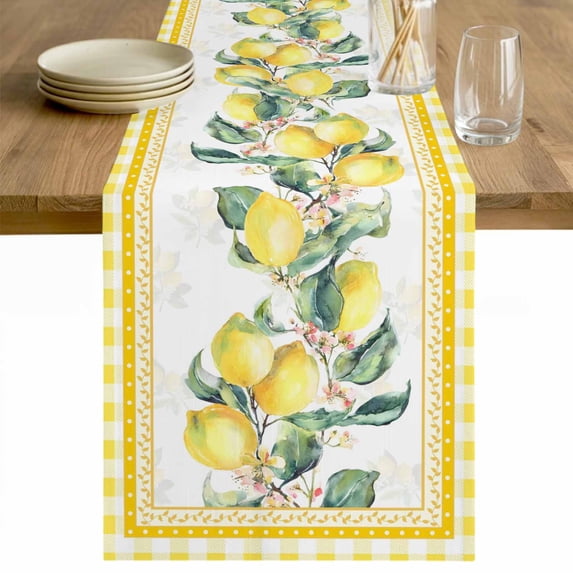 Yellow Lemon Table Runner 90 Inches Long Farmhouse Dress Scarves, Summer Botanical Plaid Elegant Pastoral Dining Tablerunner for Coffee Table/Kitchen Island/Party Décor, 13" x 90"