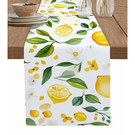 Yellow Lemon Table Runner 90 Inches, White Flowers Botanical Fruit Bed Runner Dresser Scarves Tabletop for Indoor Outdoor Parties/Ceremony/Banquet, 13" x 90"