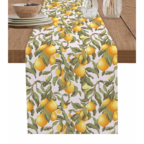 Yellow Lemon Table Runner Cotton Linen 48 Inch Holiday Dresser Scarves, Green Leaves Fruit Branch Pastoral Farm Tablerunner for Kitchen Coffee Dining Bedroom Living Room Dinner Scarf Décor 13''x48''