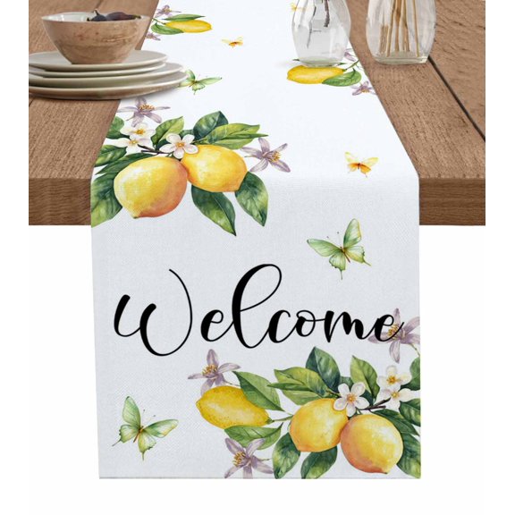 Yellow Lemon Table Runner Floral Flower Butterfly Watercolor White Tablerunners 13 x 90 Inch, Table Decorations Tabletop Scarf for Summer Gathering Holiday Farmhouse Kitchen Dining Decor