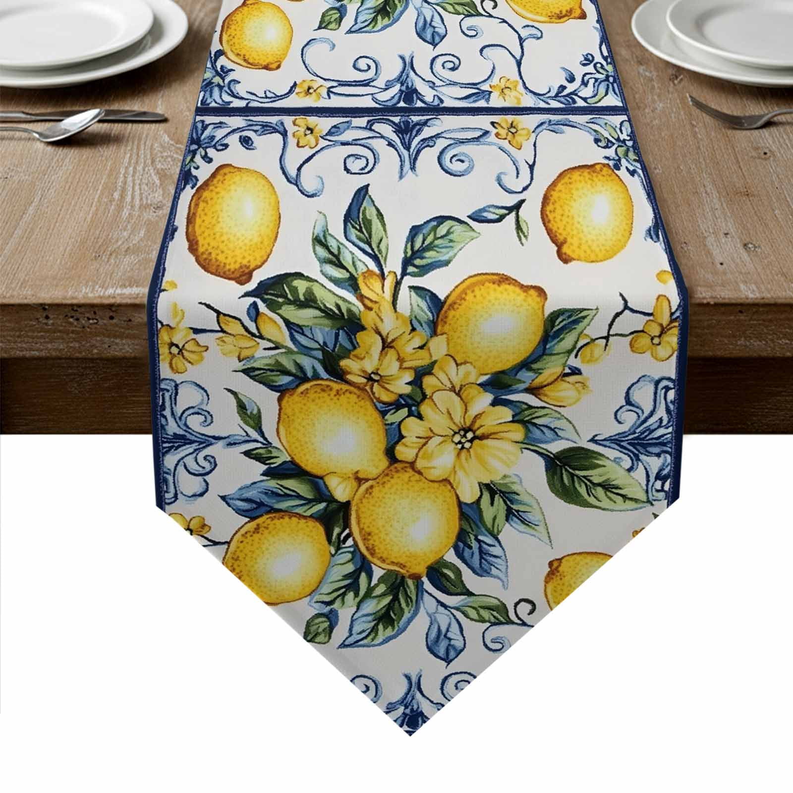 Yellow Lemon Table Runner Linen Burlap Table Runner 108 Inches Long Middle Century Blue Italian Textured Dresser Scarves for Kitchen Island Coffee Dining Room Party Holiday Decoration 13"x108"
