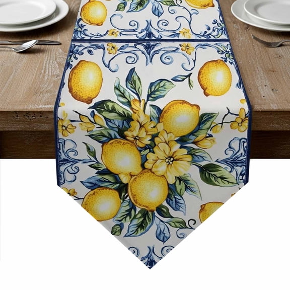 Yellow Lemon Table Runner Linen Burlap Table Runner 108 Inches Long Middle Century Blue Italian Textured Dresser Scarves for Kitchen Island Coffee Dining Room Party Holiday Decoration 13"x108"