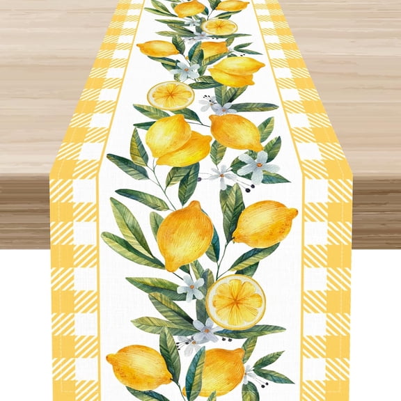 Yellow Lemon Table Runner, Rustic Yellow Plaid Watercolor Spring Summer Floral Fruit Leaves Coffee Table Center Deco for Kitchen Farmhouse and Dining Living Room Table Decorations, 13"x36"