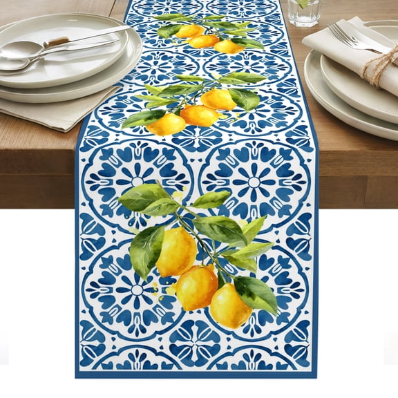 Yellow Lemon Table Runner Summer Country Fruits Italian Style Blue Tablerunners 13 x 48 Inch, Table Decorations Tabletop Scarf for Summer Gathering Holiday Farmhouse Kitchen Dining Decor