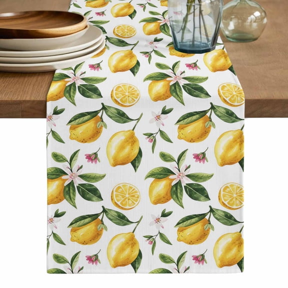 Yellow Lemon Table Runner, Tropical Green Leaf Pink Floral Fruit Washable Cotton Linen Table Runners 36 Inches Long, Dresser Scarf Runner for Nightstand/End Tables/Round Tables 13''x36''
