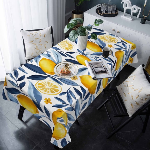 Yellow Lemon Tablecloth Rectangle Table Cloth 60x120 , Waterproof Tablecloth Outdoor Table Cloth, Blue Flower Leaves Spring Summer Plant Washable Table Cover for Kitchen Dining Party