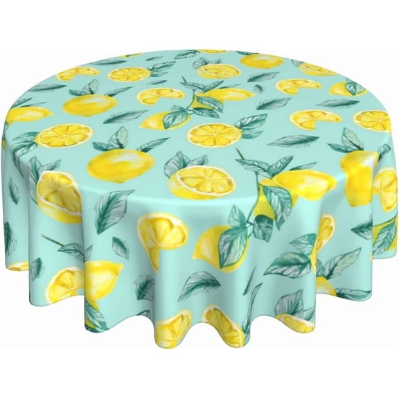 Yellow Lemon Tablecloth Round 60 Inch Teal Leaves Summer Tablecloth Waterproof Wrinkle Free Lemonade Tablecloth Kitchen Circle Table Cloth Cover Mat for Party Dinning Tabletop Wedding Home Decor