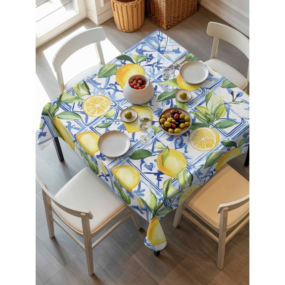 Yellow Lemon Tablecloth Square Table Cloth 54x54, Waterproof Tablecloth Outdoor Table Cloth, Botanical Spring Leaves Abstract Blue Tile Washable Table Cover for Kitchen Dinning Party