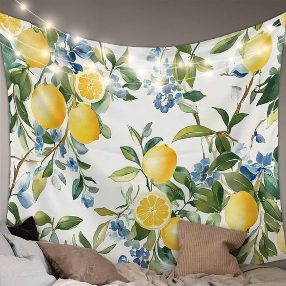 Yellow Lemon Tapestry for Bedroom Wall Hanging Tapestry, Green Leaf Blue Flower Tropical Fruit Ceiling Backdrop Tapestries Poster Blanket Wall Decor for Teens Room Living Room Dorm 55" x 73"