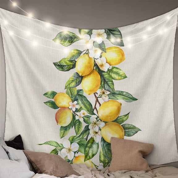Yellow Lemon Tapestry for Bedroom Wall Hanging Tapestry, Spring Botanical Leaves Fruit Farmhouse Ceiling Backdrop Tapestries Poster Blanket Wall Decor for Teens Room Living Room Dorm 59" x 90"