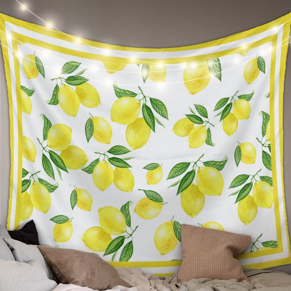 Yellow Lemon Tapestry for Bedroom Wall Hanging Tapestry, Summer Watercolor Fruits Leaf Ceiling Backdrop Tapestries Poster Blanket Wall Decor for Teens Room Living Room Dorm 59" x 90"
