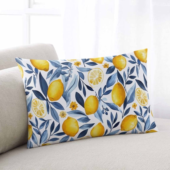 Yellow Lemon Throw Pillow Covers, Blue Flower Leaves Spring Summer Plant Soft Breathable Pillow Cases with Invisible Zipper for Sleeping, Small Pillowcases for Couch Bed Sofa Chair 16x24 Inches