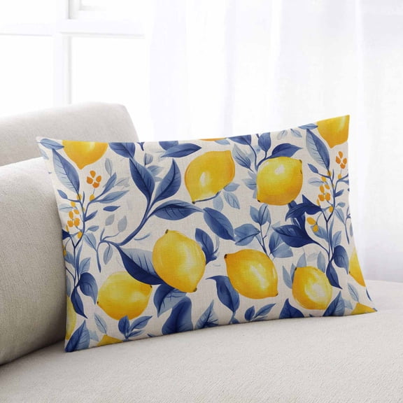 Yellow Lemon Throw Pillow Covers, Blue Leaf Vintage Botanical Summer Spring Soft Breathable Pillow Cases with Invisible Zipper for Sleeping, Small Pillowcases for Couch Bed Sofa Chair 16x24 Inches