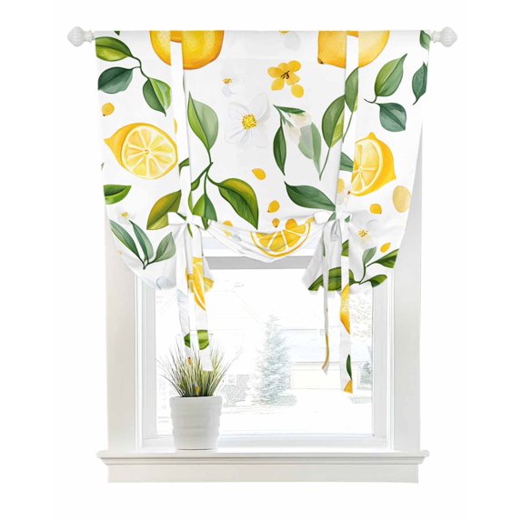 Yellow Lemon Tie Up Curtains for Window, Thermal Insulated Balloon Shade Adjustable Rod Pocket Curtains Valance Panels for Kitchen Bathroom Cafe 42 x 54 White Flowers Botanical Fruit