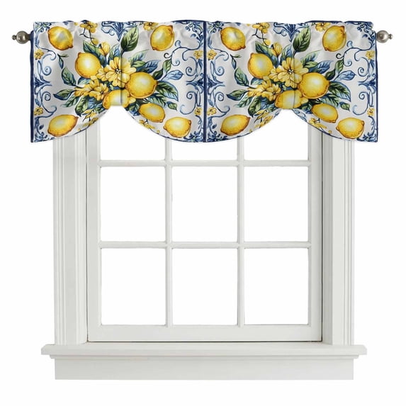Yellow Lemon Tie Up Valance Curtains for Windows, Kitchen Curtains Window Treatments, Middle Century Blue Italian Textured Short Window Shades Valances for Bedroom Bathroom Cafe 42"x12"