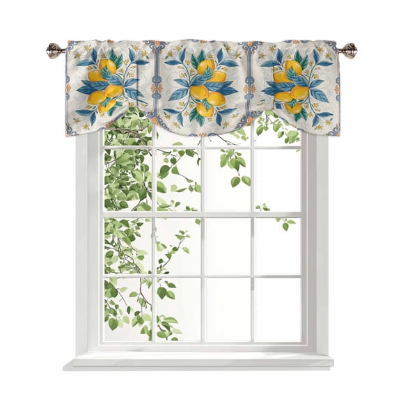 Yellow Lemon Tie Up Valances Curtain, Adjustable Kitchen Summer Fruit Leaf Vintage Flower Medieval Valances for Windows Decor, Rod Pocket Short Curtains Set for Bedroom/Bathroom, 60"x18"