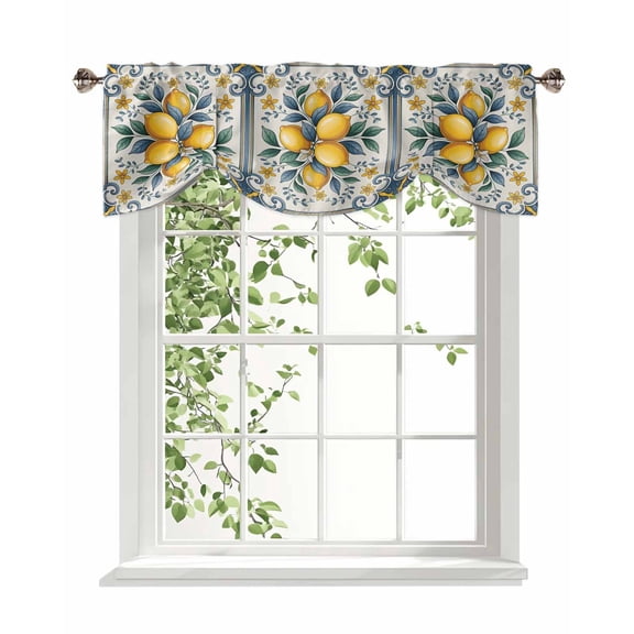 Yellow Lemon Tie Up Valances Curtain, Summer Fruit Vintage Flowers Leaf Medieval Kitchen Valances for Windows Decor, Rod Pocket Short Curtains Set for Bedroom/Bathroom, 42"x18"