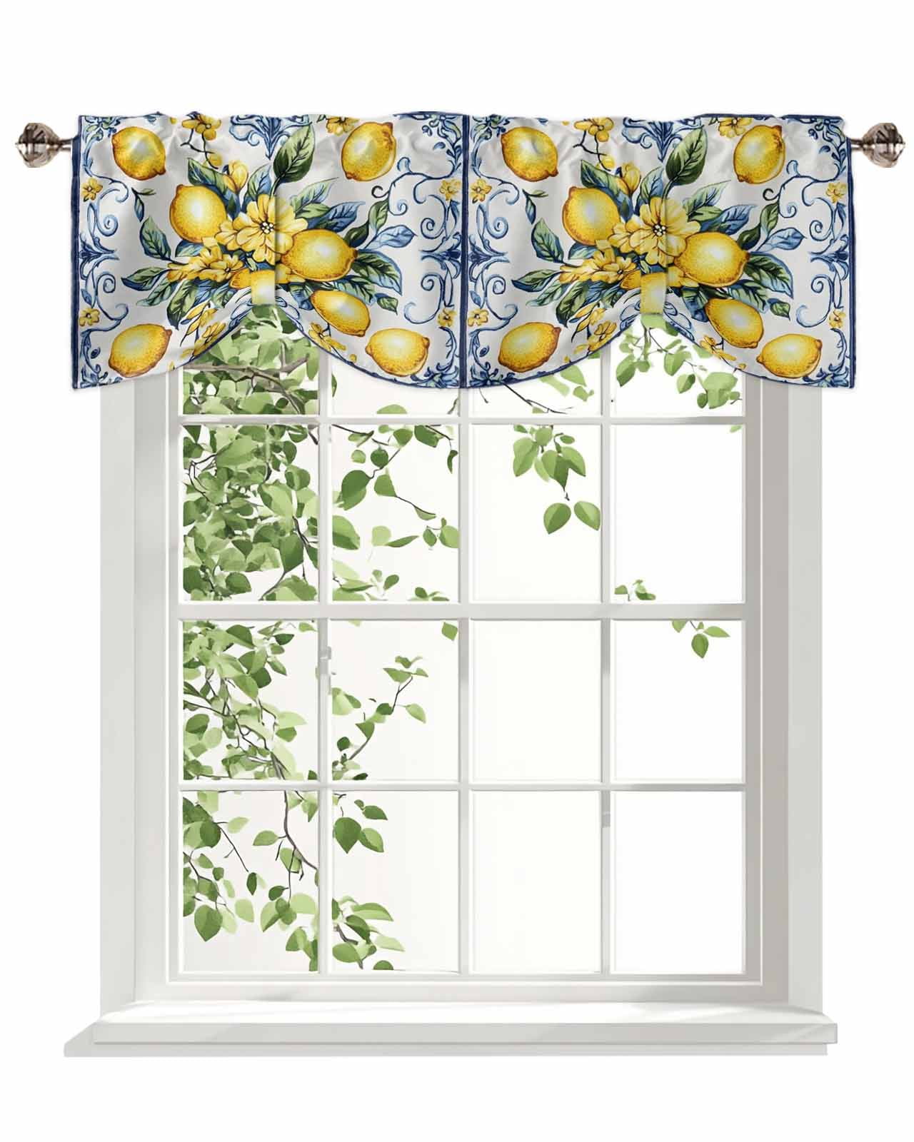 Yellow Lemon Tie Up Valances Curtain, Watercolor Fruit Vintage Flower Leaf Blue Kitchen Valances for Windows Decor, Rod Pocket Short Curtains Set for Bedroom/Bathroom, 54"x18"