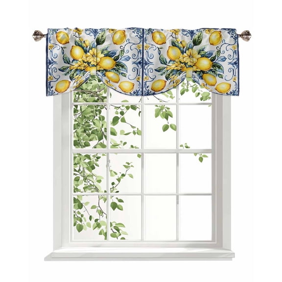 Yellow Lemon Tie Up Valances Curtain, Watercolor Fruit Vintage Flower Leaf Blue Kitchen Valances for Windows Decor, Rod Pocket Short Curtains Set for Bedroom/Bathroom, 42"x12"