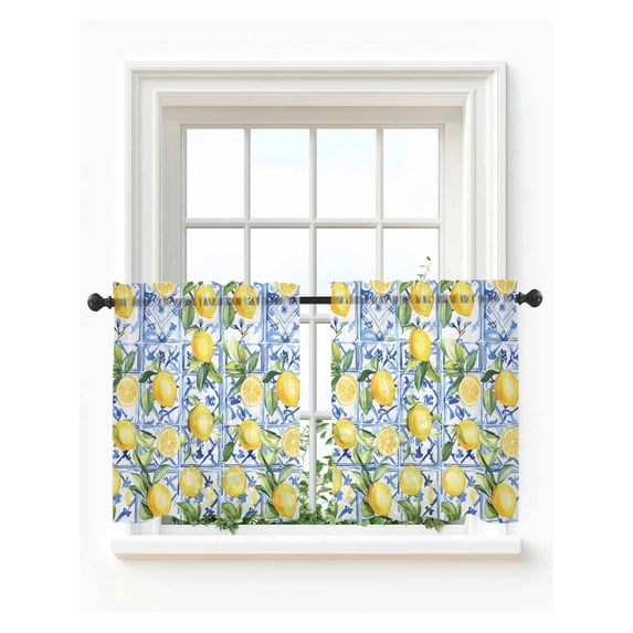 Yellow Lemon Tier Curtains 24 Inch Length,Sheer Curtains for Bedroom Living Room Window Botanical Spring Leaves Abstract Blue Tile Small Half Window Kitchen Curtains & Drapes 27.5"x24" 2 Panels