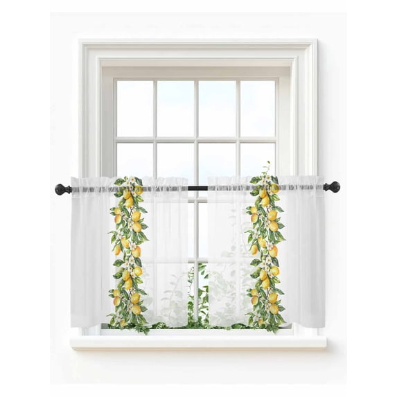 Yellow Lemon Tier Curtains 24 Inch Length,Sheer Curtains for Bedroom Living Room Window Simple Spring Botanical Fruit Leaves Flower Small Half Window Kitchen Curtains & Drapes 27.5"x24" 2 Panels