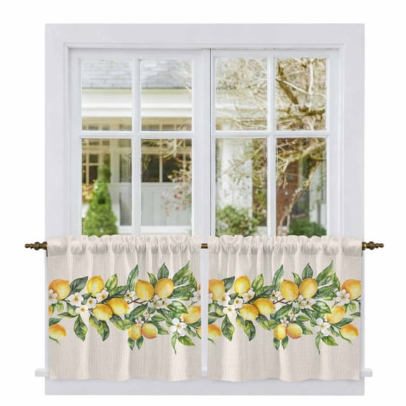 Yellow Lemon Tier Curtains, Spring Botanical Leaves Fruit Farmhouse Light Filtering Kitchen Curtains, 2Pcs Rod Pocket Half Window Treatments Panels for Sink Cafe Cabinet Camper 27.5x36 Inches