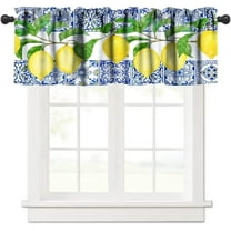 Yellow Lemon Valance, Blue Tiles Summer Holiday Tasty Fruit Healthy Fruit Vintage Rustic Cafe Short Window Valance for Kitchen Bedroom Decor, 54x18in