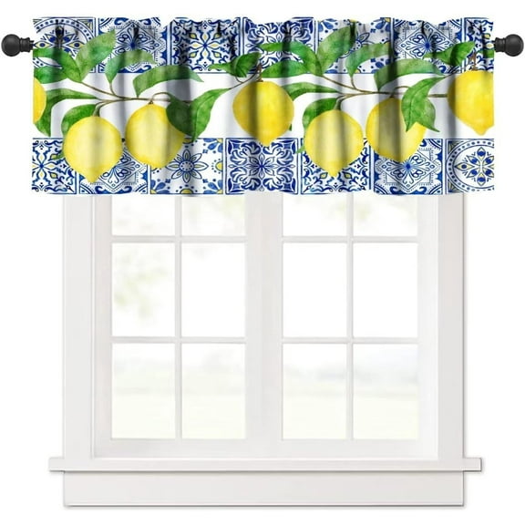 Yellow Lemon Valance, Blue Tiles Summer Holiday Tasty Fruit Healthy Fruit Vintage Rustic Cafe Short Window Valance for Kitchen Bedroom Decor, 54x18in