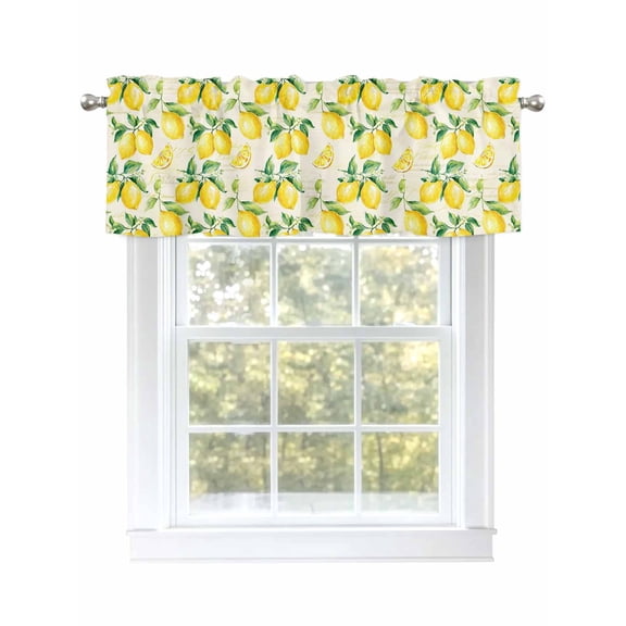 Yellow Lemon Valances for Windows, Rod Pocket Kitchen Valance Curtains - Soft & Washable Small Window Treatment for Living Room, Bathroom, Watercolor Fruit Leaves 54x18inch, 1 Panel