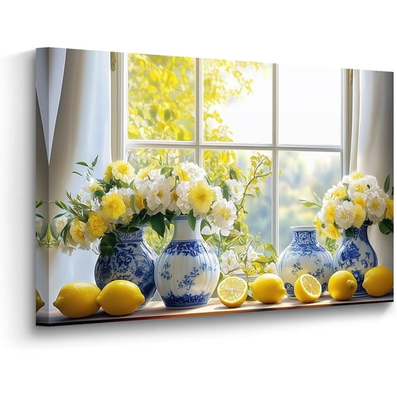Yellow Lemon Wall Art for Kitchen, Vintage Citrus Fruit Canvas Print, Blue Pottery on Table Painting, Rustic Farmhouse Decor Framed Artwork