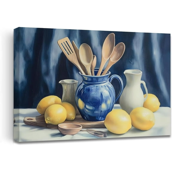 Yellow Lemon Wall Art for Kitchen, Vintage Citrus Fruit Canvas Print, Blue Pottery on Table Painting, Rustic Farmhouse Decor Framed Artwork
