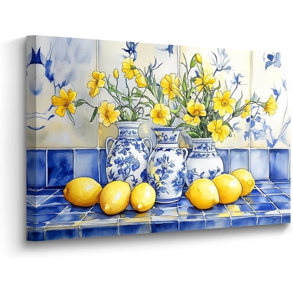 Yellow Lemon Wall Art for Kitchen, Vintage Citrus Fruit Canvas Print, Blue Pottery on Table Painting, Rustic Farmhouse Decor Framed Artwork